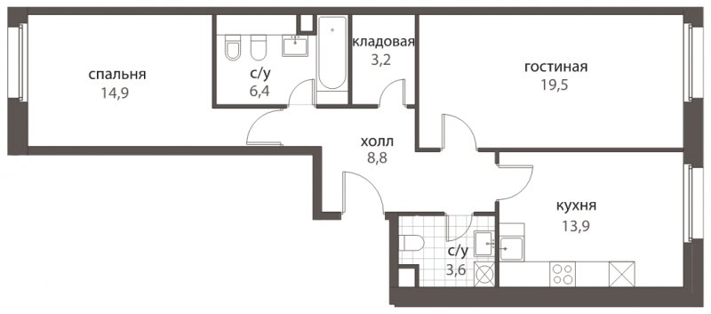 2-комнатная квартира без отделки, 70.3 м2, 2 этаж, сдача 2 квартал 2022 г., ЖК HomeCity, корпус 4 - объявление 1363947 - фото №1