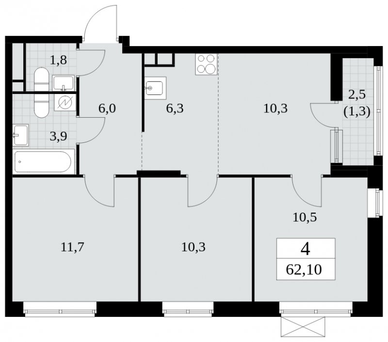 4-комнатная квартира (евро) с частичной отделкой, 62.1 м2, 5 этаж, сдача 2 квартал 2025 г., ЖК Прокшино, корпус 5.1.1 - объявление 1859850 - фото №1