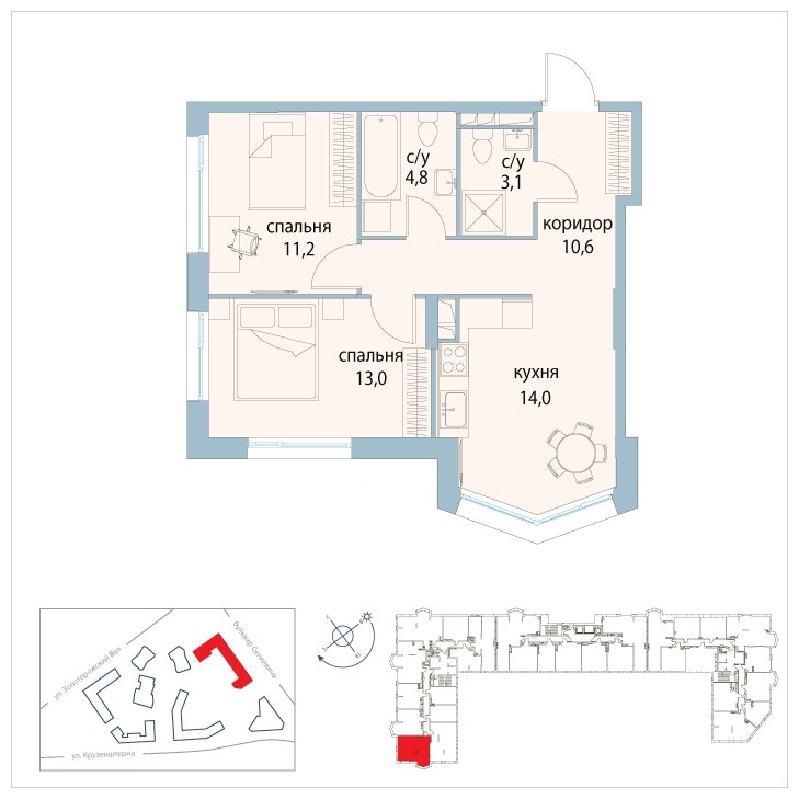 2-комнатная квартира без отделки, 56.7 м2, 13 этаж, сдача 3 квартал 2025 г., ЖК Символ, корпус 31 (квартал "Вдохновение") - объявление 1763735 - фото №1