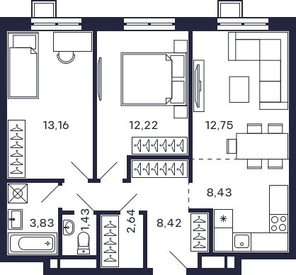 2-комнатная квартира без отделки, 62.88 м2, 25 этаж, сдача 2 квартал 2025 г., ЖК Квартал Тетрис, корпус "Квартал Тетрис 2.2" - объявление 2259861 - фото №1