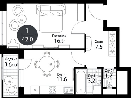 1-комнатная квартира без отделки, 42.3 м2, 7 этаж, дом сдан, ЖК Летний сад, корпус 1б - объявление 2001812 - фото №1