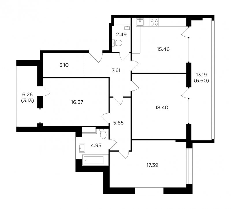 3-комнатная квартира без отделки, 103.15 м2, 3 этаж, дом сдан, ЖК RiverSky, корпус 8 - объявление 1685583 - фото №1