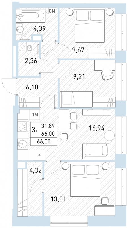 4-комнатная квартира (евро) с полной отделкой, 66 м2, 2 этаж, сдача 2 квартал 2023 г., ЖК Столичный, корпус 24 - объявление 1651243 - фото №1
