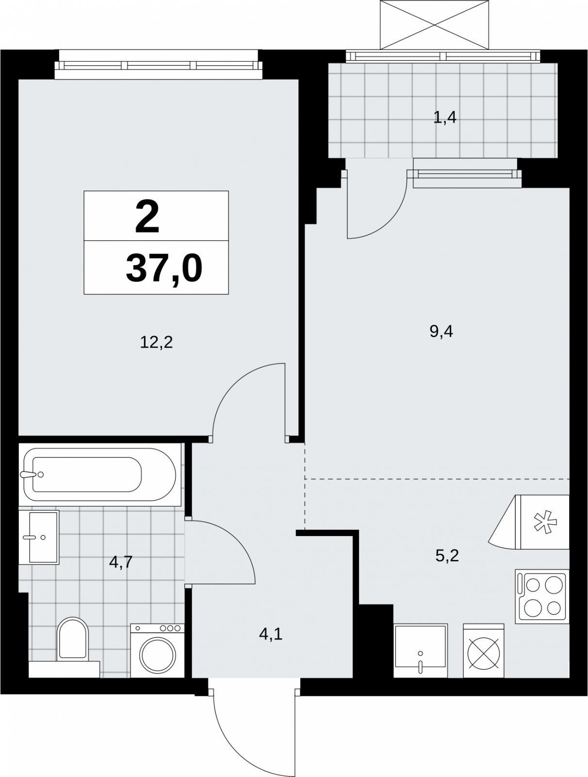 2-комнатная квартира (евро) с полной отделкой, 37 м2, 13 этаж, сдача 2 квартал 2026 г., ЖК Бунинские кварталы, корпус 9.3 - объявление 2324412 - фото №1