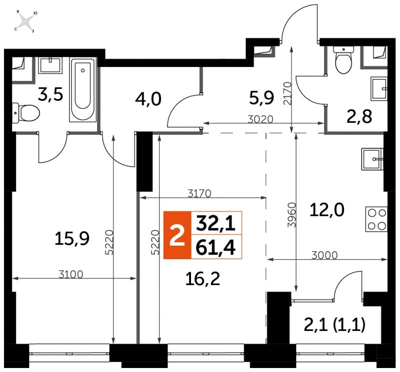 2-комнатная квартира с частичной отделкой, 61.4 м2, 6 этаж, сдача 1 квартал 2023 г., ЖК Sydney City, корпус 3 - объявление 1569015 - фото №1