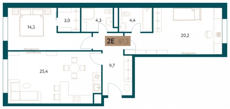 2-комнатная квартира 81.3 м2, 6 этаж, сдача 4 квартал 2022 г., ЖК Настоящее, корпус 3 - объявление 1711352 - фото №1