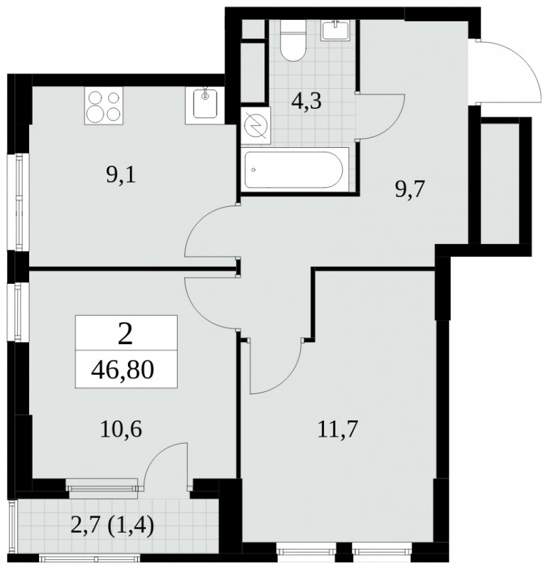 2-комнатная квартира без отделки, 46.8 м2, 4 этаж, сдача 2 квартал 2025 г., ЖК Южные сады, корпус 2.3 - объявление 1758302 - фото №1