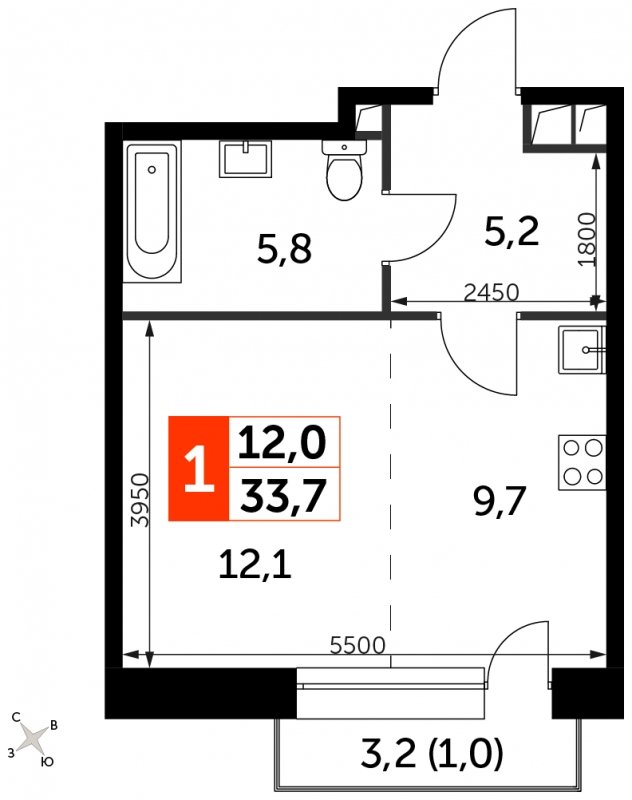 Студия с частичной отделкой, 33.7 м2, 20 этаж, сдача 3 квартал 2024 г., ЖК Sydney City, корпус 2.1 - объявление 1710092 - фото №1