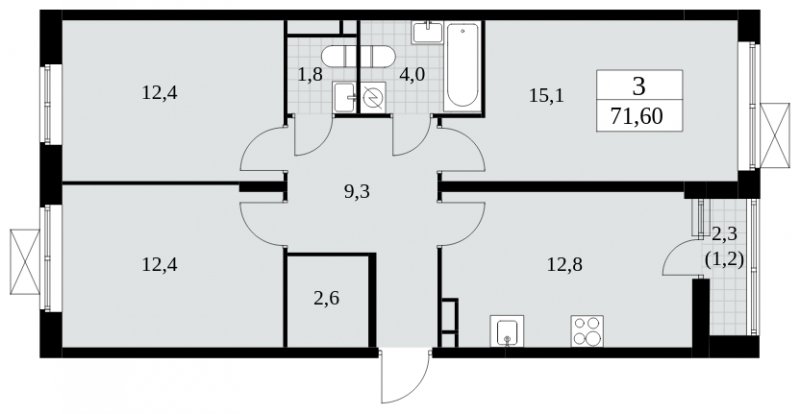3-комнатная квартира с частичной отделкой, 71.6 м2, 12 этаж, сдача 2 квартал 2025 г., ЖК Прокшино, корпус 5.1.1 - объявление 1859961 - фото №1