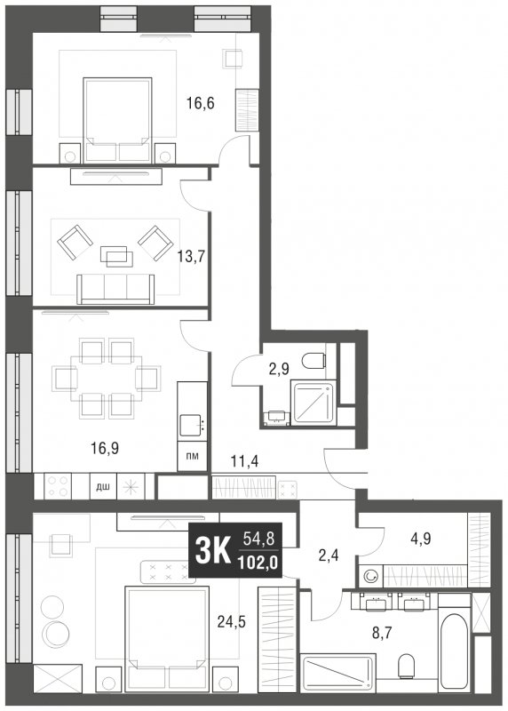 3-комнатная квартира с частичной отделкой, 102 м2, 22 этаж, сдача 2 квартал 2024 г., ЖК AFI Tower, корпус 1 - объявление 1930818 - фото №1