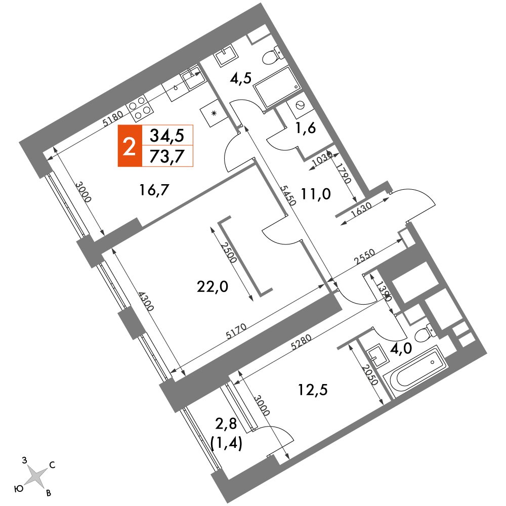 2-комнатная квартира с полной отделкой, 73.7 м2, 19 этаж, дом сдан, ЖК Архитектор, корпус 3 - объявление 2350393 - фото №1