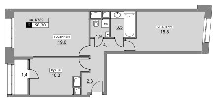 2-комнатная квартира без отделки, 58.3 м2, 11 этаж, сдача 4 квартал 2022 г., ЖК Румянцево-Парк, корпус 3 - объявление 1663644 - фото №1