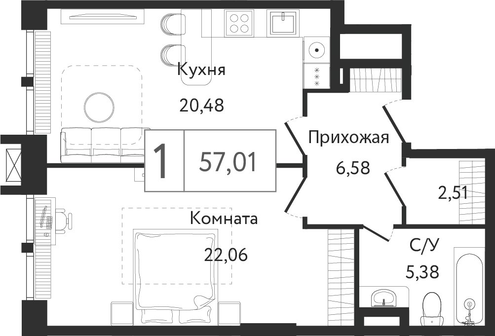 1-комнатная квартира без отделки, 57.01 м2, 5 этаж, сдача 3 квартал 2023 г., ЖК Dream Towers, корпус 2 - объявление 2261185 - фото №1