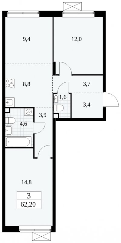 3-комнатная квартира (евро) без отделки, 62.2 м2, 2 этаж, сдача 1 квартал 2025 г., ЖК Прокшино, корпус 5.1.3 - объявление 1810787 - фото №1
