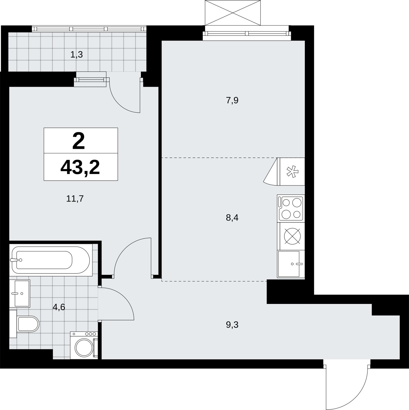 2-комнатная квартира (евро) без отделки, 43.2 м2, 4 этаж, сдача 1 квартал 2026 г., ЖК Дзен-кварталы, корпус 6.2.1 - объявление 2328358 - фото №1