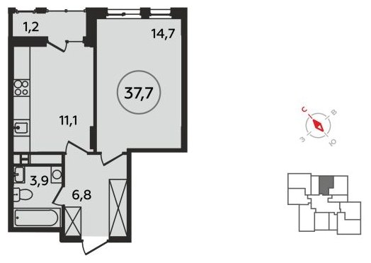 1-комнатная квартира без отделки, 37.7 м2, 14 этаж, сдача 4 квартал 2022 г., ЖК Прокшино, корпус 1.4 - объявление 1658401 - фото №1