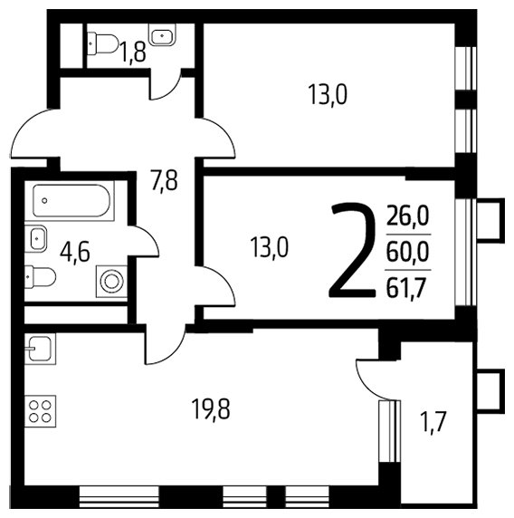 2-комнатная квартира с полной отделкой, 61.7 м2, 7 этаж, сдача 1 квартал 2024 г., ЖК Новые Ватутинки. Центральный, корпус 9/3 - объявление 1674607 - фото №1