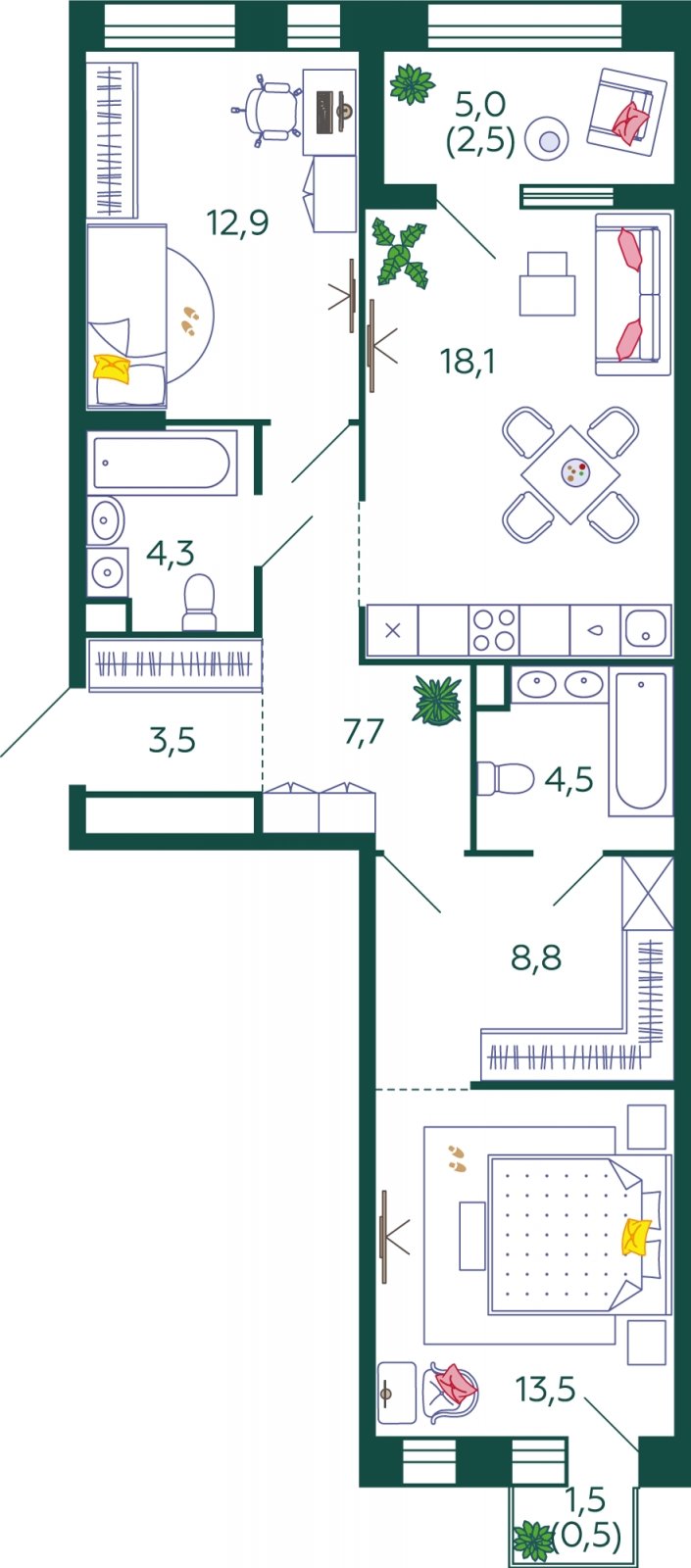 2-комнатная квартира без отделки, 76.3 м2, 5 этаж, сдача 4 квартал 2024 г., ЖК SHAGAL, корпус 2.8 - объявление 2311075 - фото №1