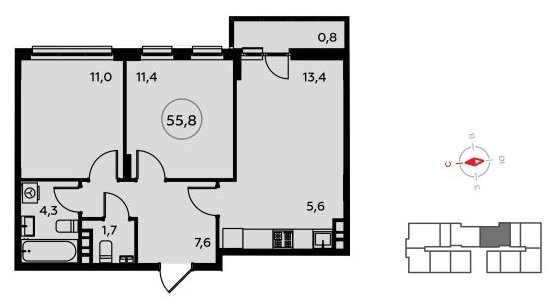 3-комнатная квартира (евро) без отделки, 55.8 м2, 7 этаж, дом сдан, ЖК Белые ночи, корпус 3.2 - объявление 1825558 - фото №1