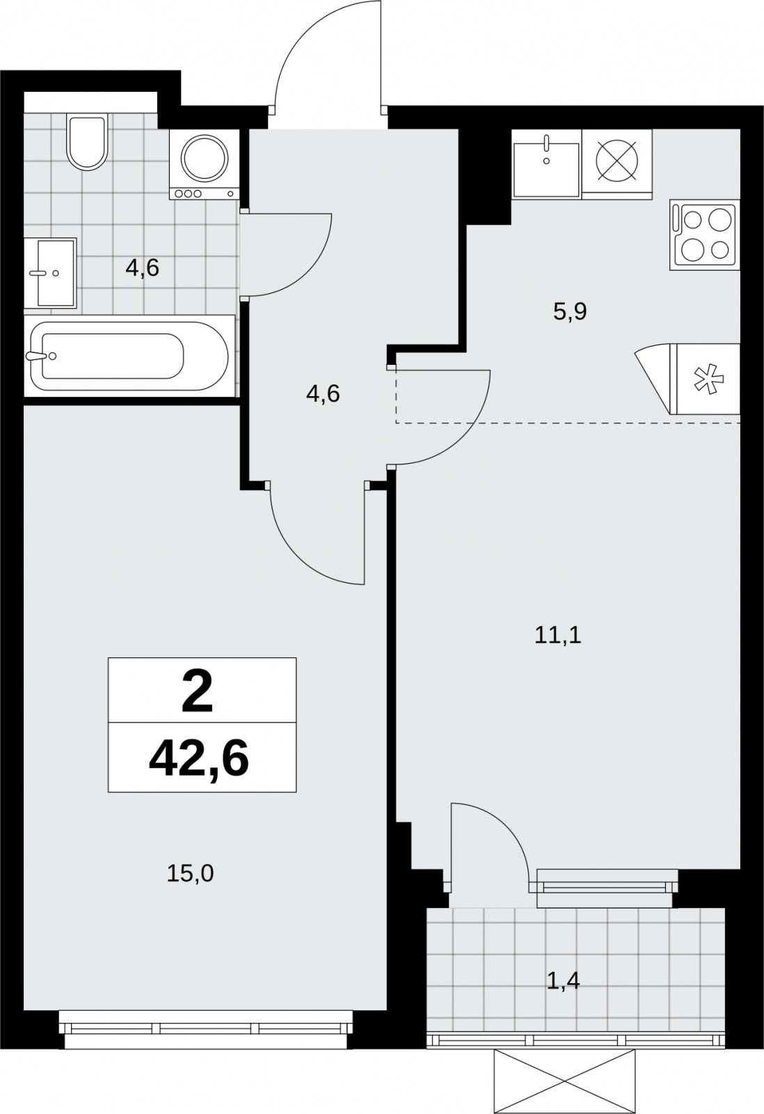 2-комнатная квартира (евро) с полной отделкой, 42.6 м2, 15 этаж, сдача 2 квартал 2026 г., ЖК Бунинские кварталы, корпус 9.3 - объявление 2324435 - фото №1