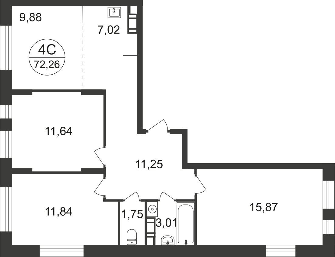 4-комнатная квартира с полной отделкой, 70.8 м2, 14 этаж, дом сдан, ЖК Люберцы, корпус 66 - объявление 2342817 - фото №1