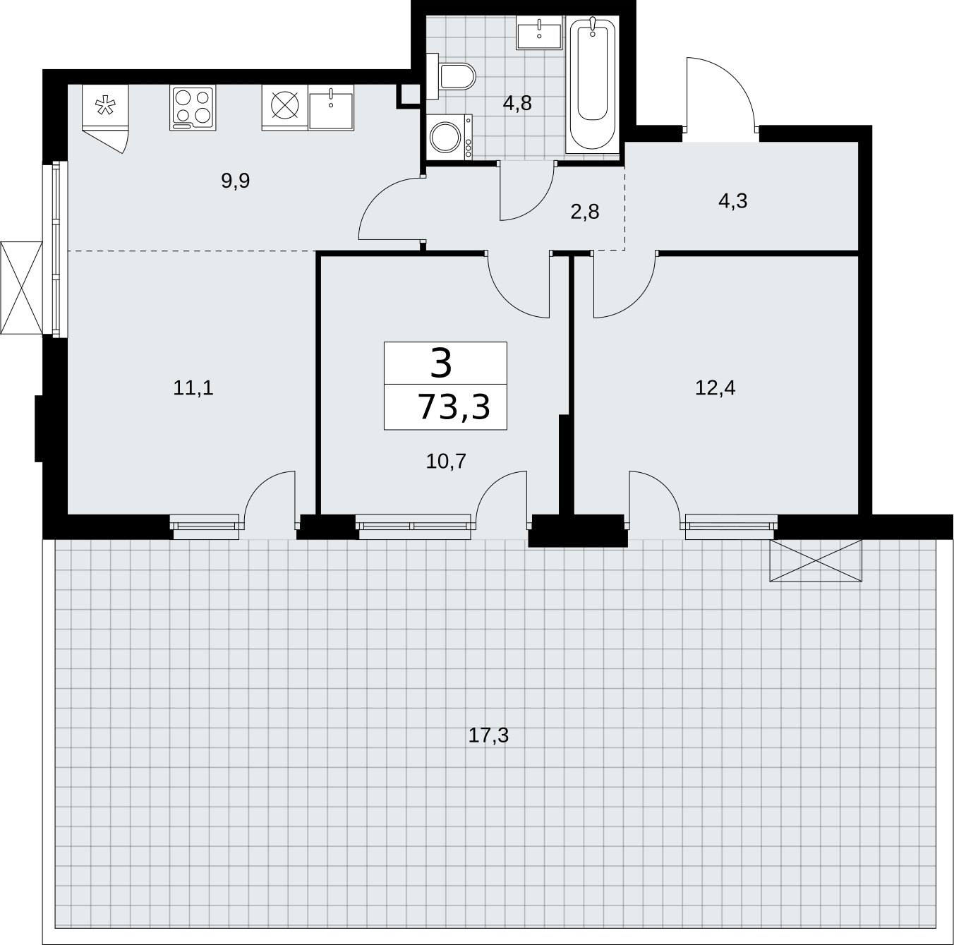 3-комнатная квартира (евро) с частичной отделкой, 73.3 м2, 2 этаж, сдача 2 квартал 2026 г., ЖК Бунинские кварталы, корпус 5.1 - объявление 2296826 - фото №1