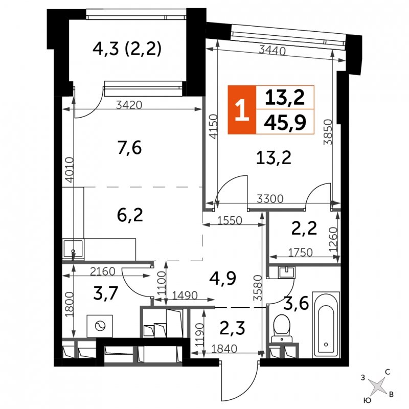 1-комнатная квартира с частичной отделкой, 45.9 м2, 22 этаж, сдача 4 квартал 2024 г., ЖК ROTTERDAM, корпус 2.1 - объявление 1667682 - фото №1