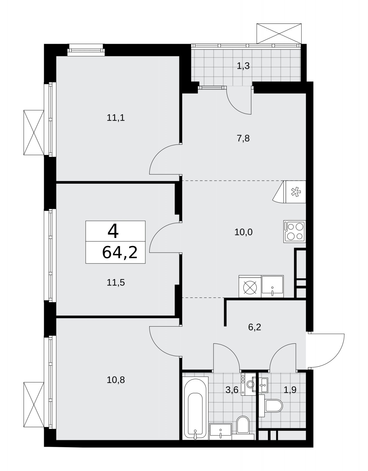 4-комнатная квартира (евро) с полной отделкой, 64.2 м2, 8 этаж, сдача 2 квартал 2026 г., ЖК Деснаречье, корпус 4.8 - объявление 2265231 - фото №1