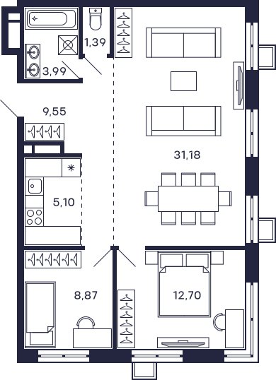 2-комнатная квартира с частичной отделкой, 71.29 м2, 22 этаж, сдача 2 квартал 2025 г., ЖК Квартал Тетрис, корпус "Квартал Тетрис 2.2" - объявление 2350362 - фото №1