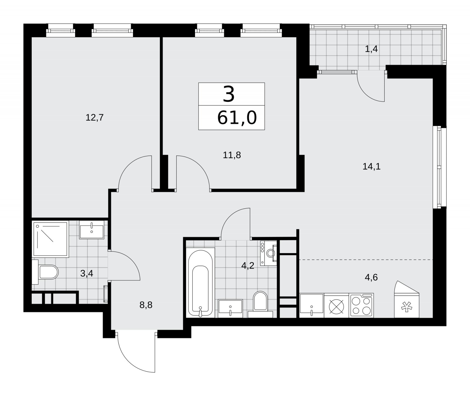 3-комнатная квартира (евро) с частичной отделкой, 61 м2, 14 этаж, сдача 2 квартал 2026 г., ЖК Деснаречье, корпус 4.5 - объявление 2264584 - фото №1