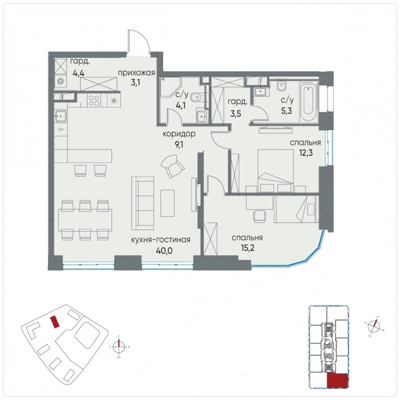 3-комнатная квартира (евро) с полной отделкой, 97 м2, 7 этаж, сдача 2 квартал 2024 г., ЖК Остров, корпус 2.5 - объявление 1799019 - фото №1