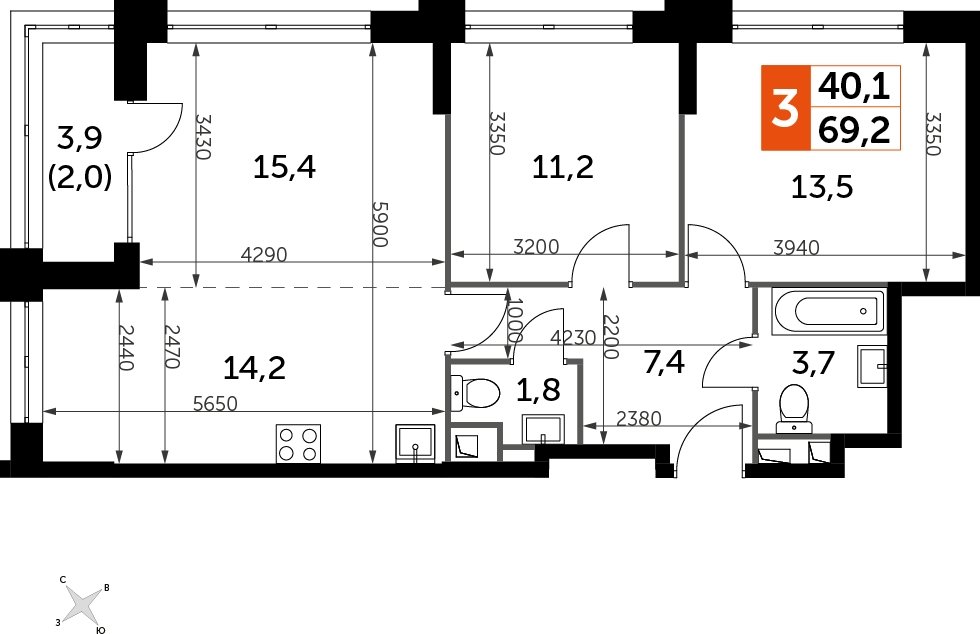 3-комнатная квартира с частичной отделкой, 69.2 м2, 15 этаж, дом сдан, ЖК Sydney City, корпус 1 - объявление 2210975 - фото №1