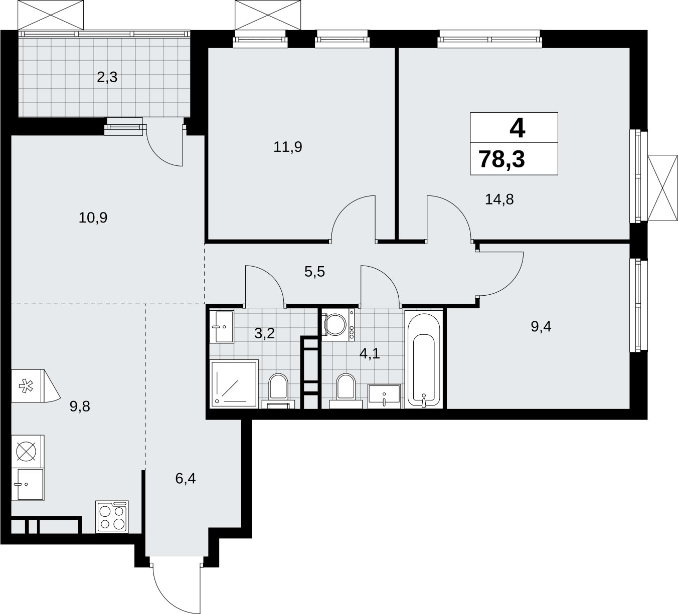 4-комнатная квартира (евро) без отделки, 78.3 м2, 8 этаж, сдача 4 квартал 2026 г., ЖК Скандинавия, корпус 2.18.1.2 - объявление 2350680 - фото №1