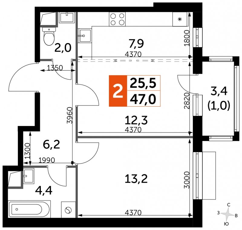 2-комнатная квартира без отделки, 47 м2, 1 этаж, сдача 3 квартал 2023 г., ЖК UP-квартал Римский, корпус 7 - объявление 1608253 - фото №1