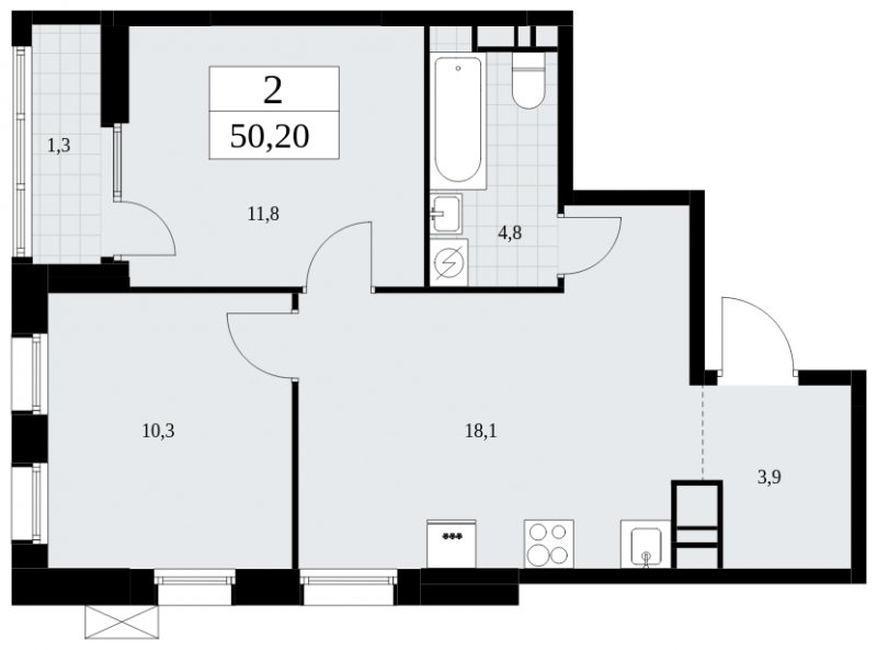 2-комнатная квартира с частичной отделкой, 50.2 м2, 11 этаж, сдача 1 квартал 2025 г., ЖК Дзен-кварталы, корпус 1.1 - объявление 1895545 - фото №1