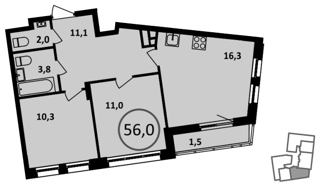 2-комнатная квартира без отделки, 56 м2, 14 этаж, сдача 4 квартал 2022 г., ЖК Испанские кварталы, корпус 5.1 - объявление 1409257 - фото №1