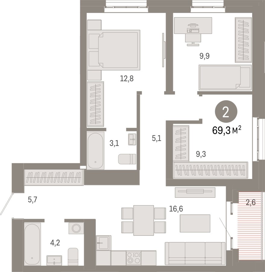 3-комнатная квартира с частичной отделкой, 69.3 м2, 23 этаж, сдача 3 квартал 2026 г., ЖК Квартал Метроном, корпус 1 - объявление 2300690 - фото №1