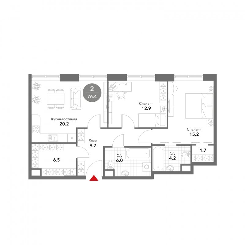 2-комнатная квартира без отделки, 76.4 м2, 3 этаж, сдача 3 квартал 2025 г., ЖК VOXHALL, корпус 2 - объявление 1786832 - фото №1
