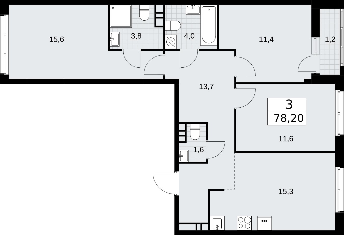 3-комнатная квартира с полной отделкой, 78.2 м2, 6 этаж, сдача 4 квартал 2026 г., ЖК Родные кварталы, корпус 3.3 - объявление 2378571 - фото №1