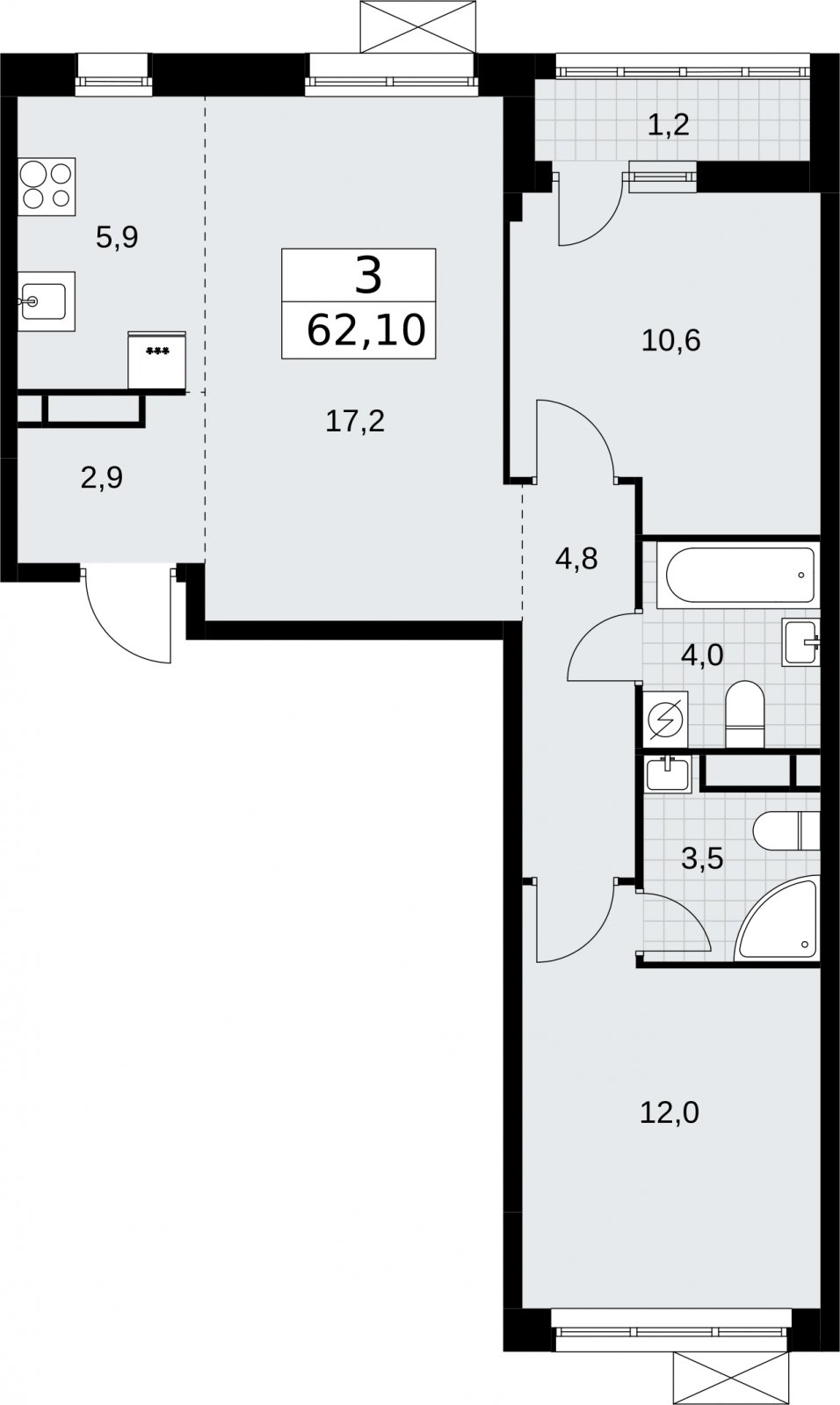 3-комнатная квартира (евро) без отделки, 62.1 м2, 3 этаж, сдача 3 квартал 2026 г., ЖК Родные кварталы, корпус 2 - объявление 2295470 - фото №1