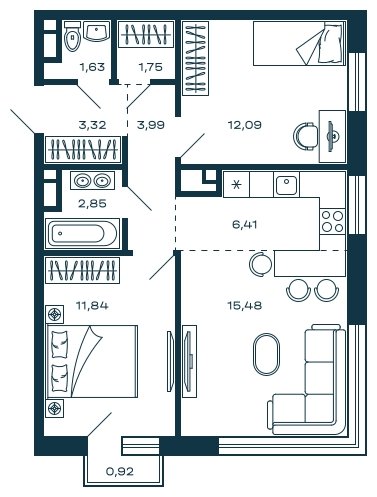 2-комнатная квартира без отделки, 59.64 м2, 8 этаж, сдача 2 квартал 2025 г., ЖК М_5, корпус 1 - объявление 1886493 - фото №1