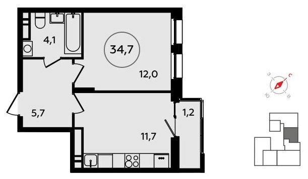 1-комнатная квартира без отделки, 34.7 м2, 16 этаж, сдача 3 квартал 2023 г., ЖК Прокшино, корпус 4.6 - объявление 1498699 - фото №1