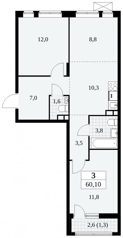 3-комнатная квартира (евро) без отделки, 60.1 м2, 3 этаж, сдача 3 квартал 2024 г., ЖК Прокшино, корпус 8.5 - объявление 1684324 - фото №1