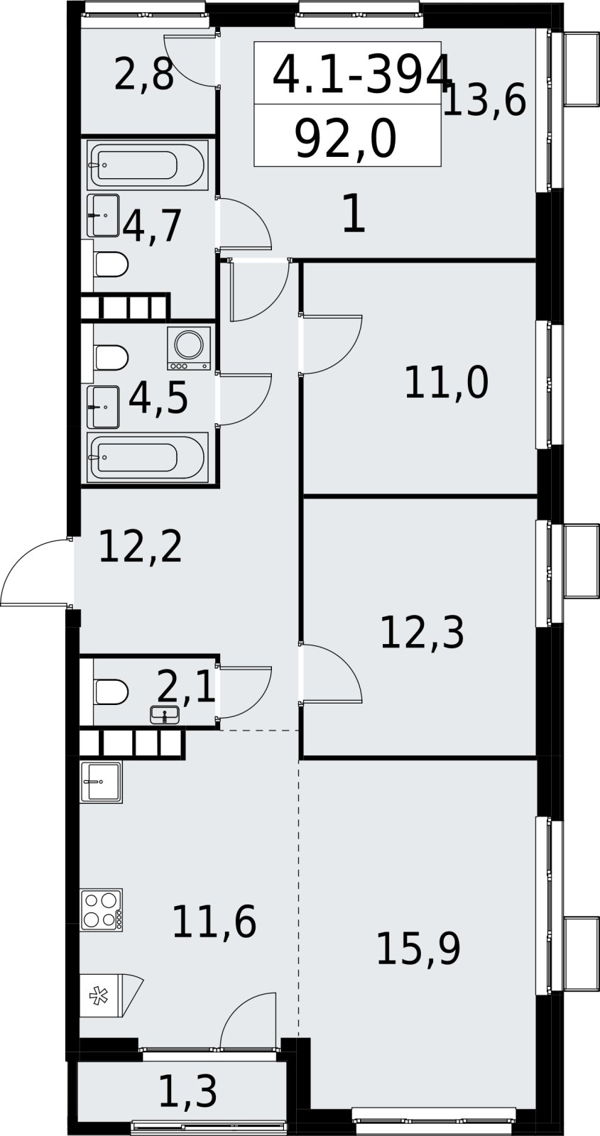 4-комнатная квартира (евро) с полной отделкой, 92 м2, 27 этаж, сдача 2 квартал 2027 г., ЖК Южные сады, корпус 4.1.2 - объявление 2392900 - фото №1