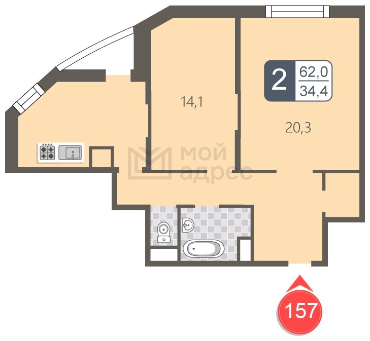 2-комнатная квартира с полной отделкой, 62 м2, 6 этаж, дом сдан, ЖК мой адрес В Зеленограде, корпус 848 - объявление 1850390 - фото №1