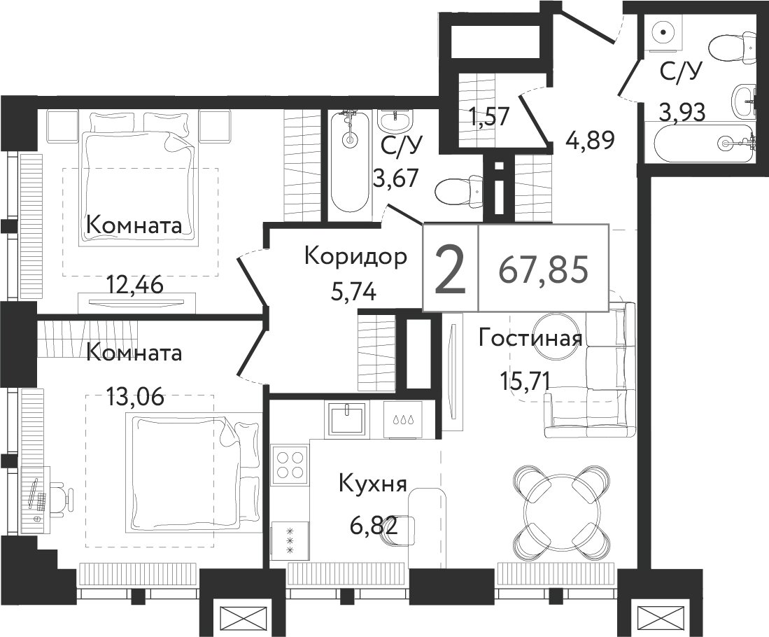2-комнатная квартира без отделки, 67.85 м2, 2 этаж, сдача 3 квартал 2023 г., ЖК Dream Towers, корпус 2 - объявление 1801055 - фото №1