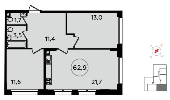 2-комнатная квартира с полной отделкой, 62.9 м2, 2 этаж, дом сдан, ЖК Скандинавия, корпус 13.3 - объявление 1713066 - фото №1