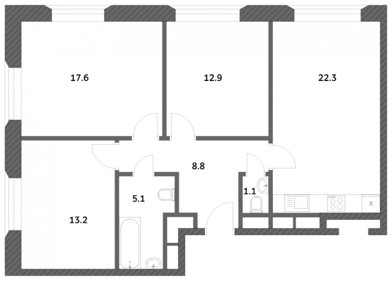 3-комнатная квартира с частичной отделкой, 81.03 м2, 22 этаж, сдача 4 квартал 2023 г., ЖК Городские истории, корпус 3 - объявление 1545114 - фото №1