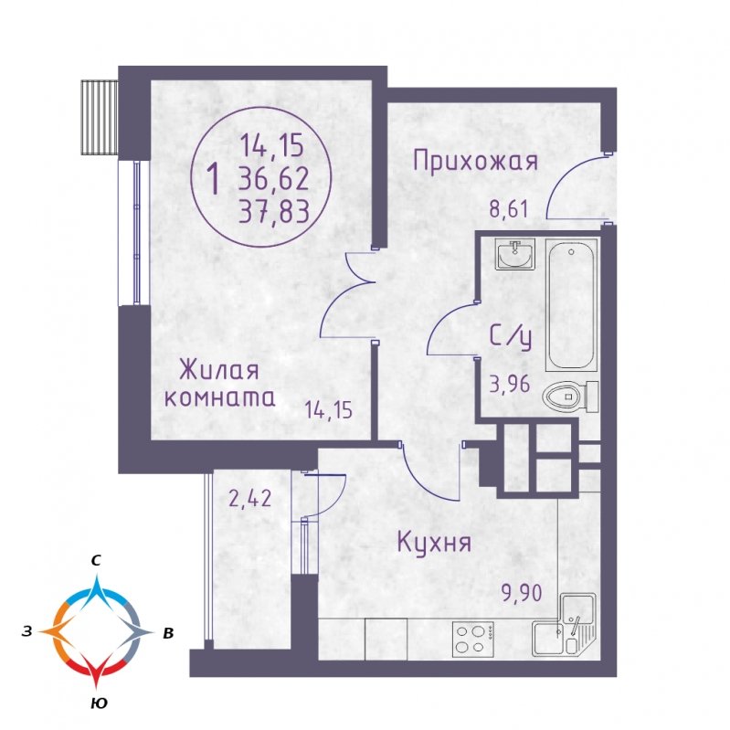1-комнатная квартира 37.83 м2, 12 этаж, дом сдан, ЖК Бородино, корпус 12 - объявление 1886899 - фото №1