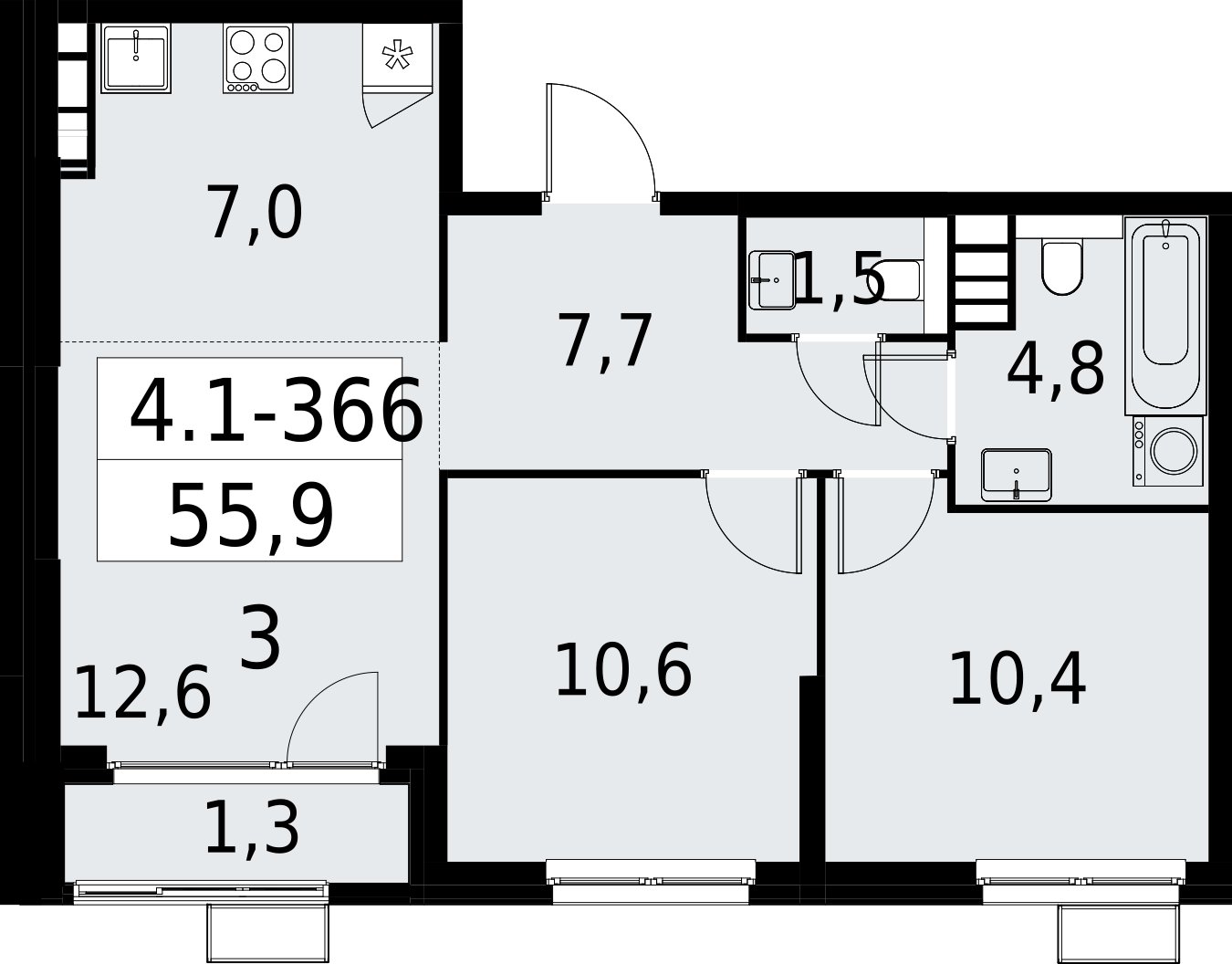 3-комнатная квартира (евро) с полной отделкой, 55.9 м2, 21 этаж, сдача 2 квартал 2027 г., ЖК Южные сады, корпус 4.1.2 - объявление 2392874 - фото №1